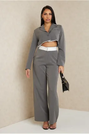 Ensemble 2 pièces blazer court + pantalon tailleur gris foncé