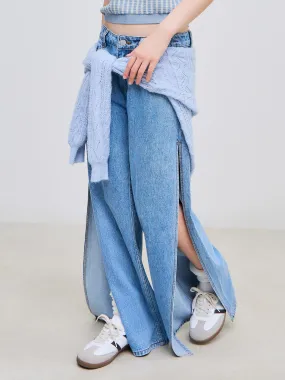 Jeans en denim taille basse à poches fendues